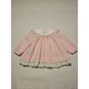 Trotters Girls 18 months Pink White Check A-Line Dress Long Sleeve Lace Collar